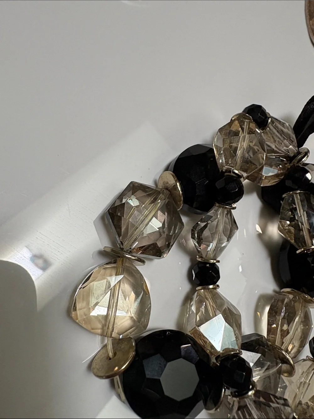 Elegant Black and Champagne glass  Beaded Bracelet with Ribbon Tie set of 2